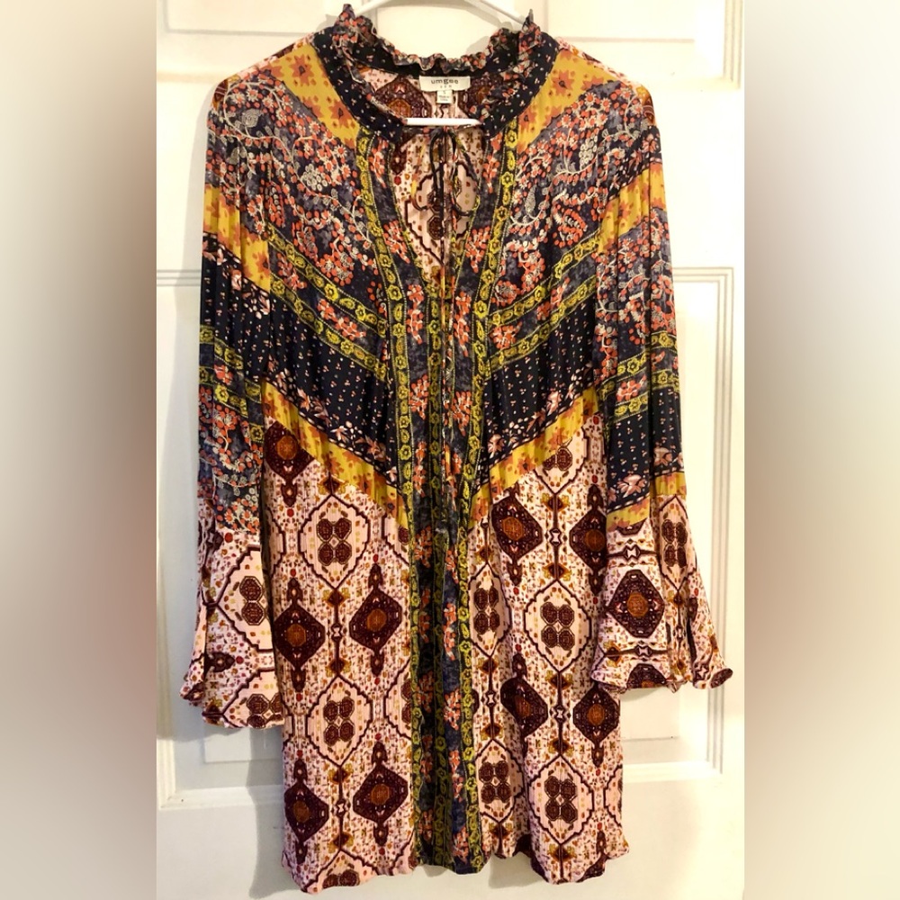 Umgee Navy Blue Burgundy Pink Boho Bohemian Mixed Pattern Bell Slv Dress Small